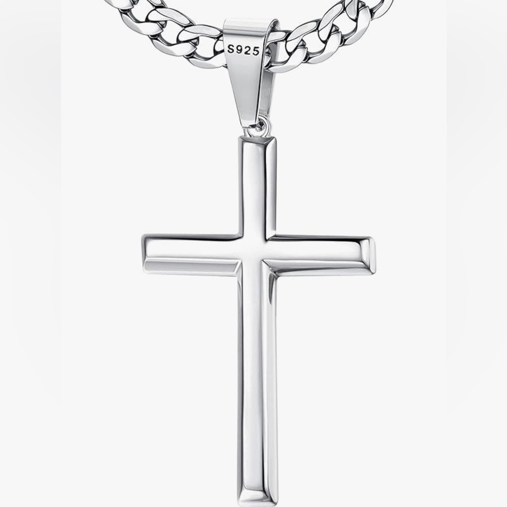 925 Sterling Silver Cross pendant and Stainless Steel  Durable Cuban Link.